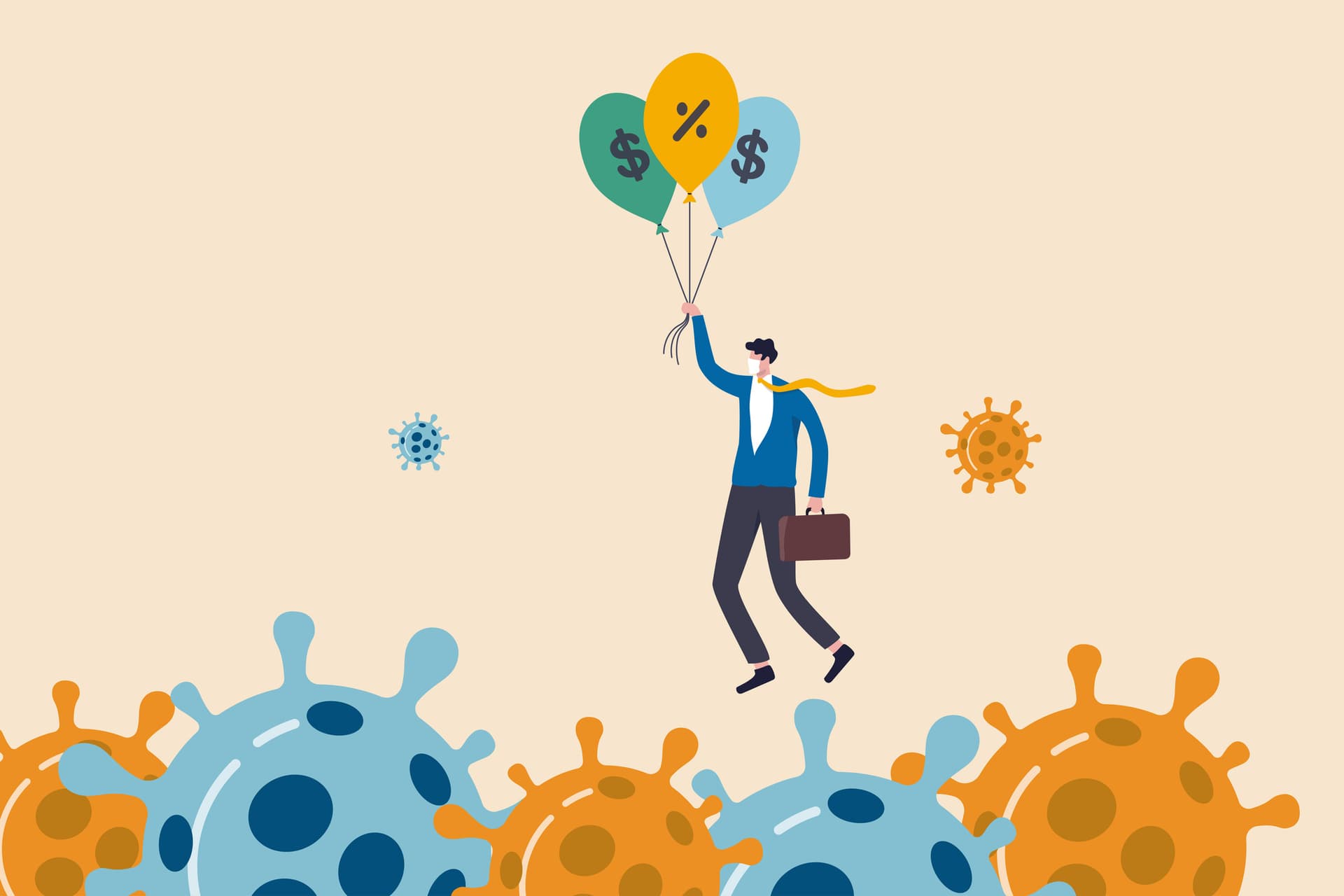 Coronavirus crisis, COVID-19 pandemic impact all business and company with help of banking and government to reduce interest rate and stimulus package, businessman holding balloons fly pass virus.
