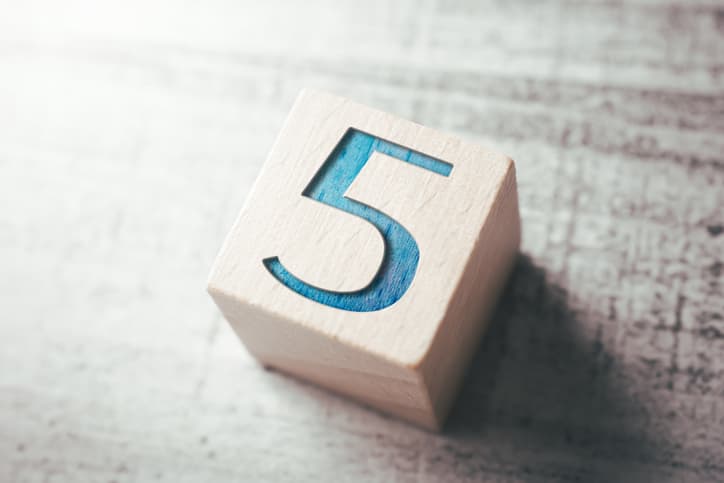 Number 5 On A Wooden Block On A Table, five