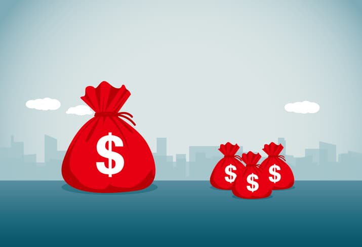 big bag of money, compared with three small bags of money