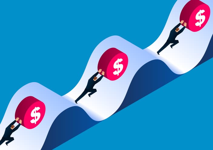 Illustration of people pushing money up various slopes