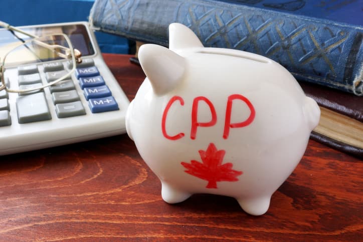 Piggy bank with a red maple leaf and "CPP" written on it.