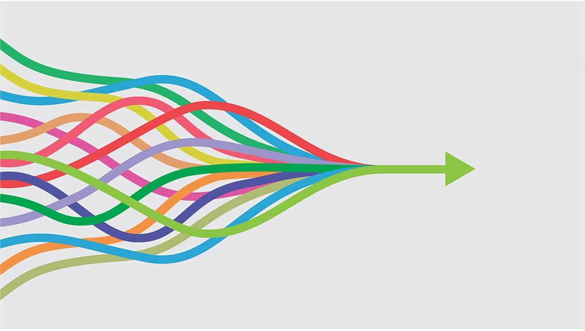 multicolored arrows converging into one arrow pointing right.