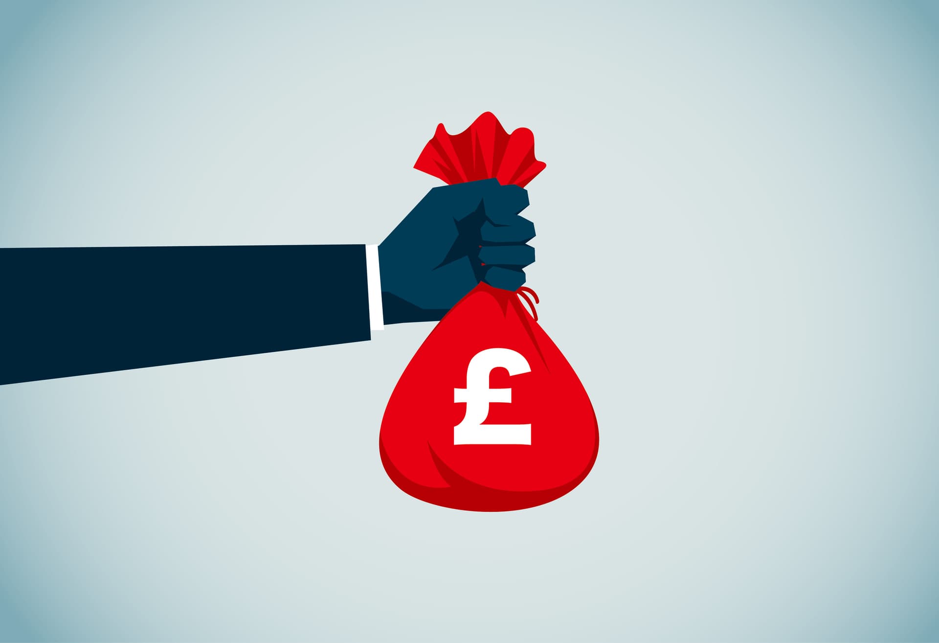 Illustration of a red bag with a white pound symbol on it being held out by a businessperson's arm