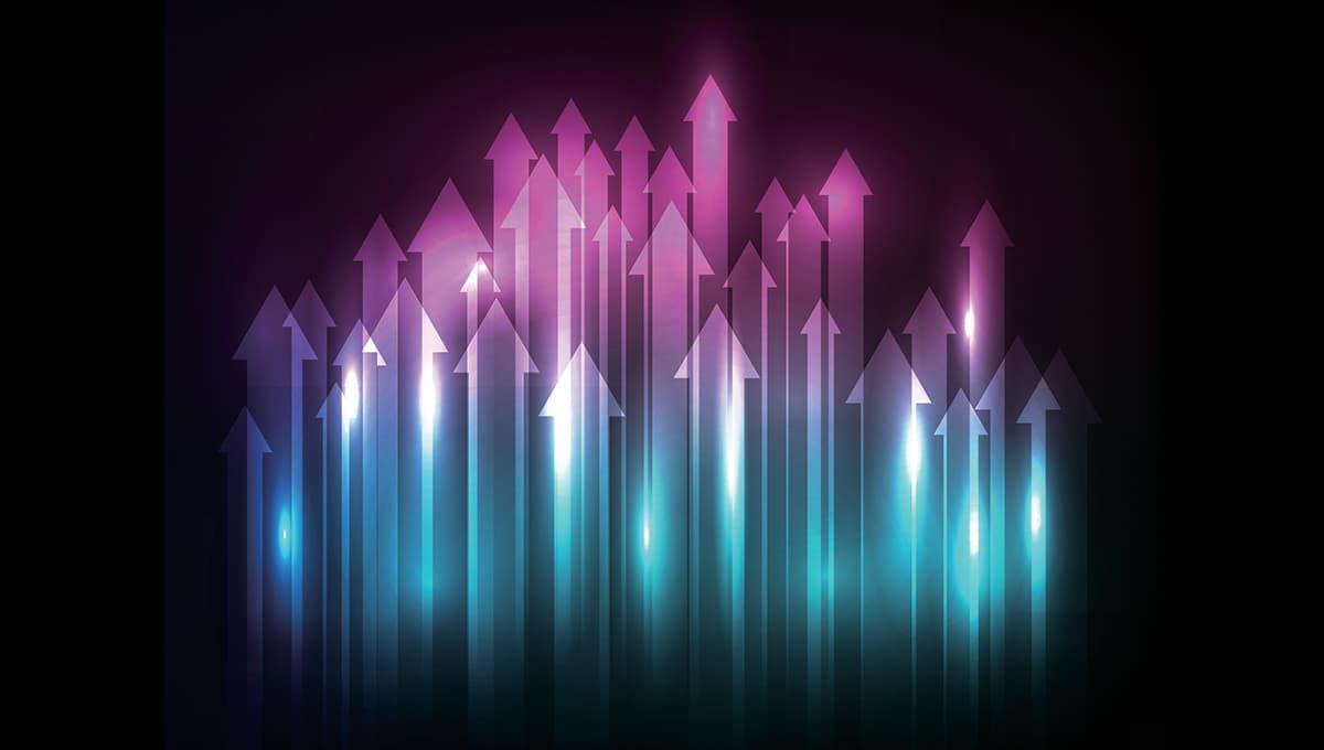 Neon arrows moving upwards against a black background