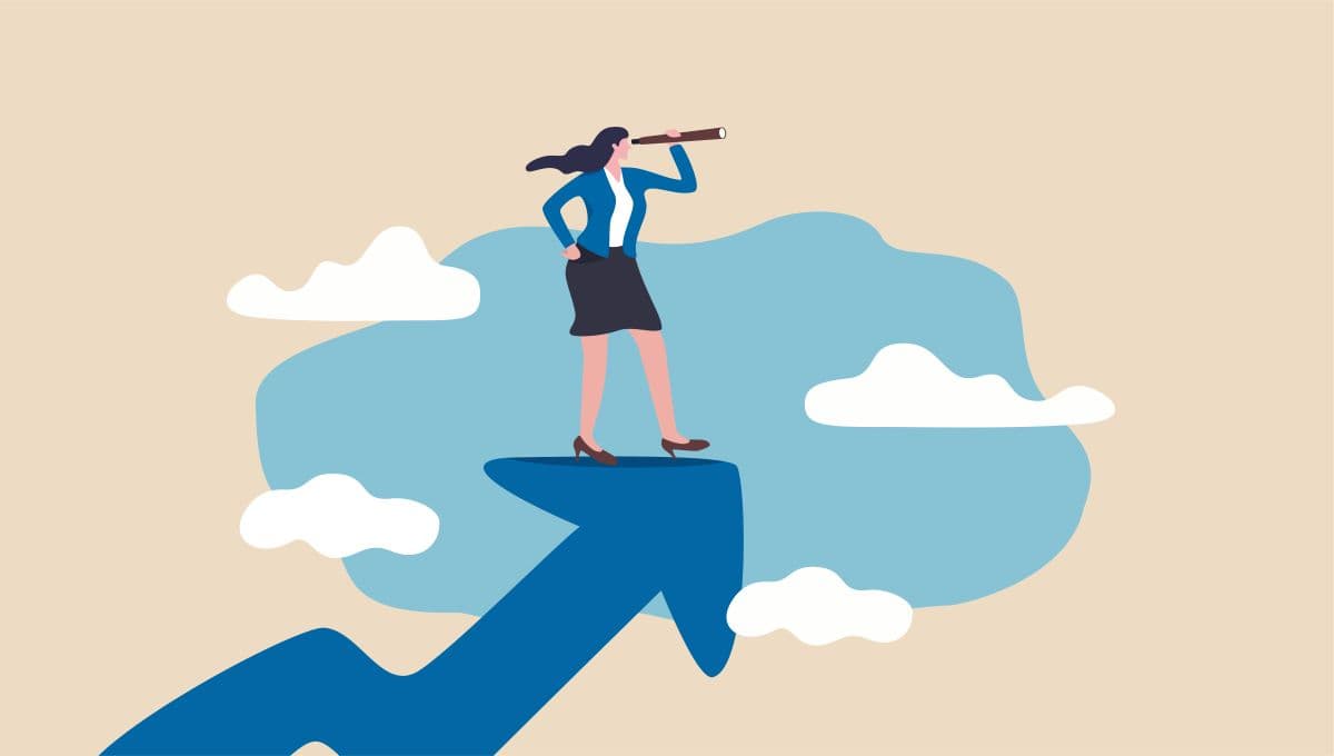 Illustration of a business women standing on top of an arrow looking through a telescope