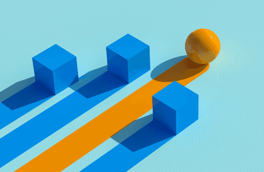 a yellow ball racing ahead of three blue squares