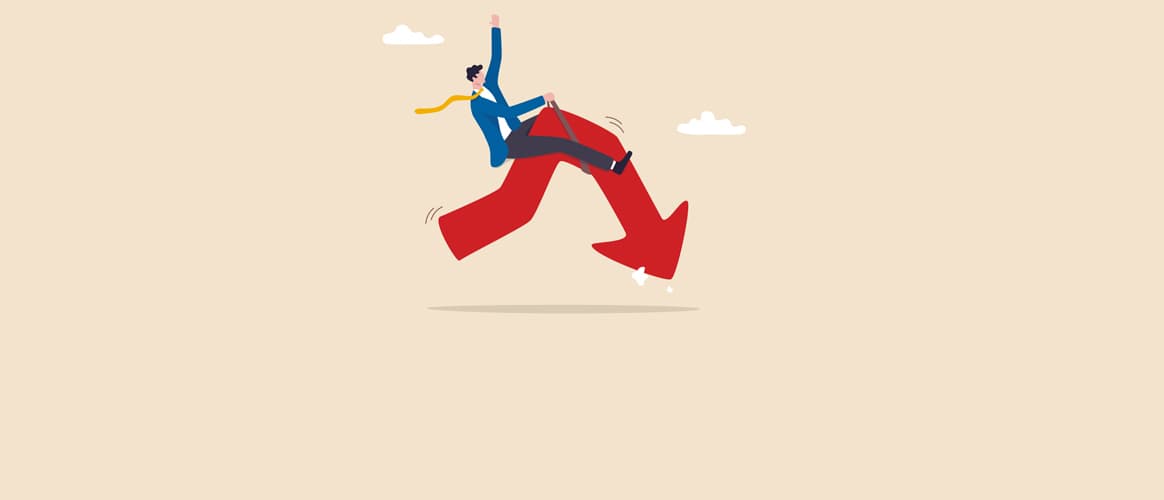 Illustration of businessman riding a downward-pointing graph arrow