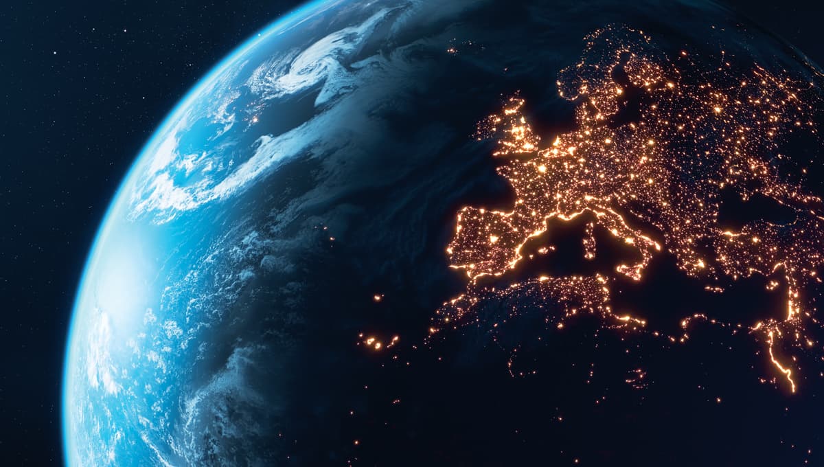 A satellite image of Europe at night time
