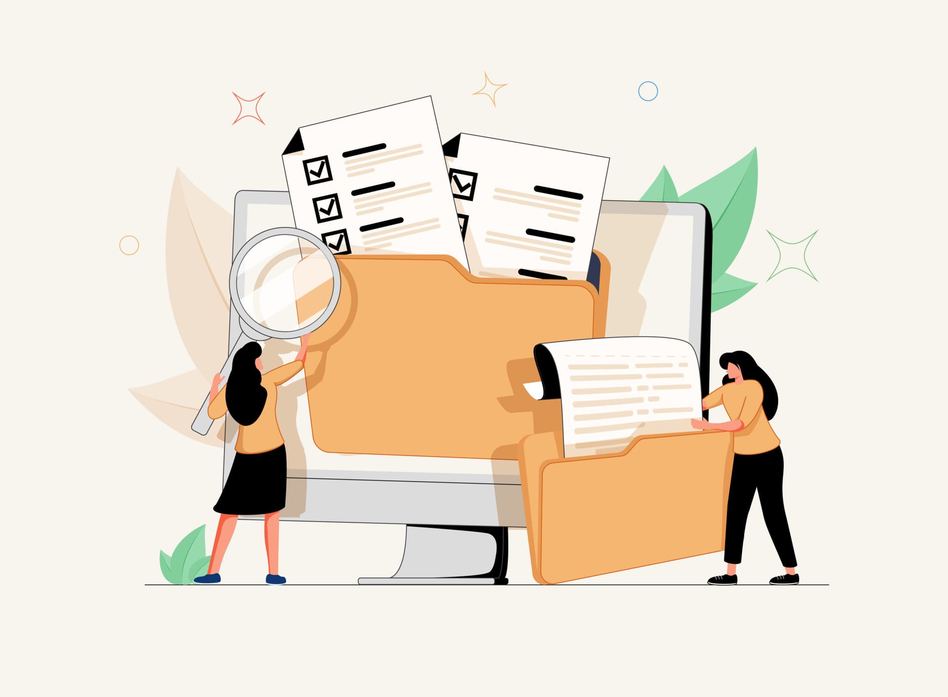 information files Office workers organizing data storage and file archive on server or computer. PC users searching documents on database. Vector illustration for information technology, source concept