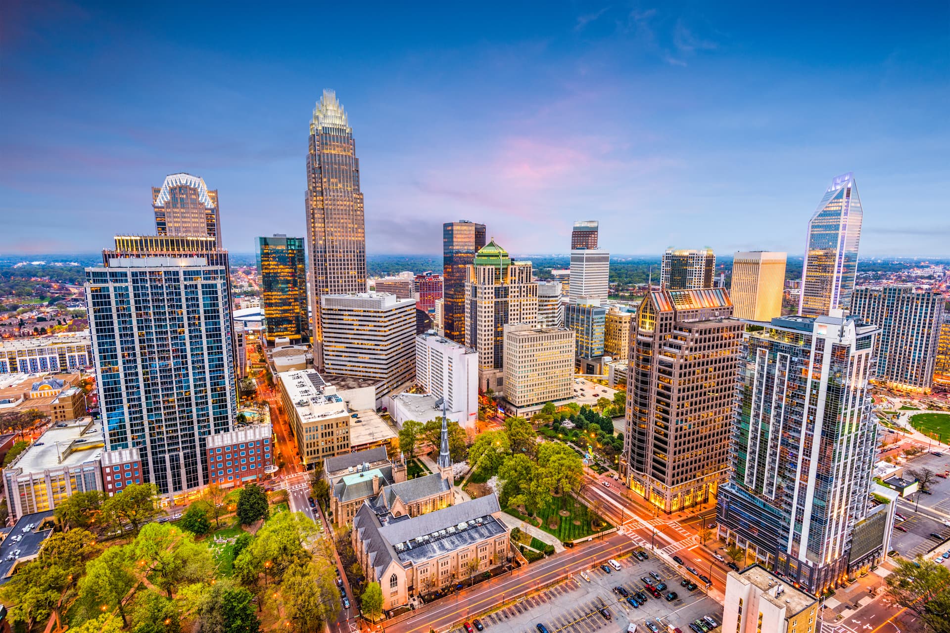 Charlotte, North Carolina, USA uptown cityscape at dusk.
