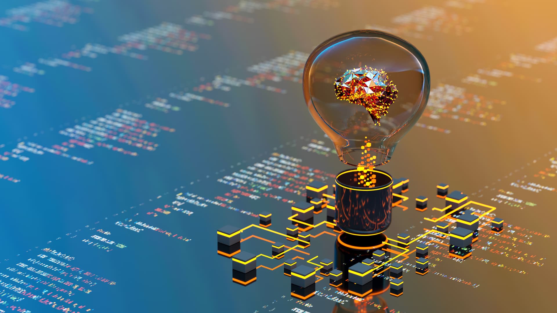 Concept illustration of artificial itelligence featuring a lightbulb on a circuit board