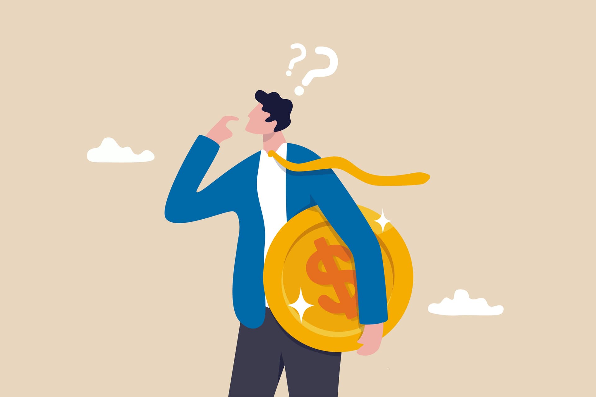 Animated image of a person holding a giant gold coin, from Getty Images.