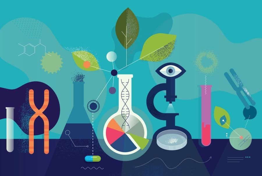 Illustration of biotechnology research laboratory.