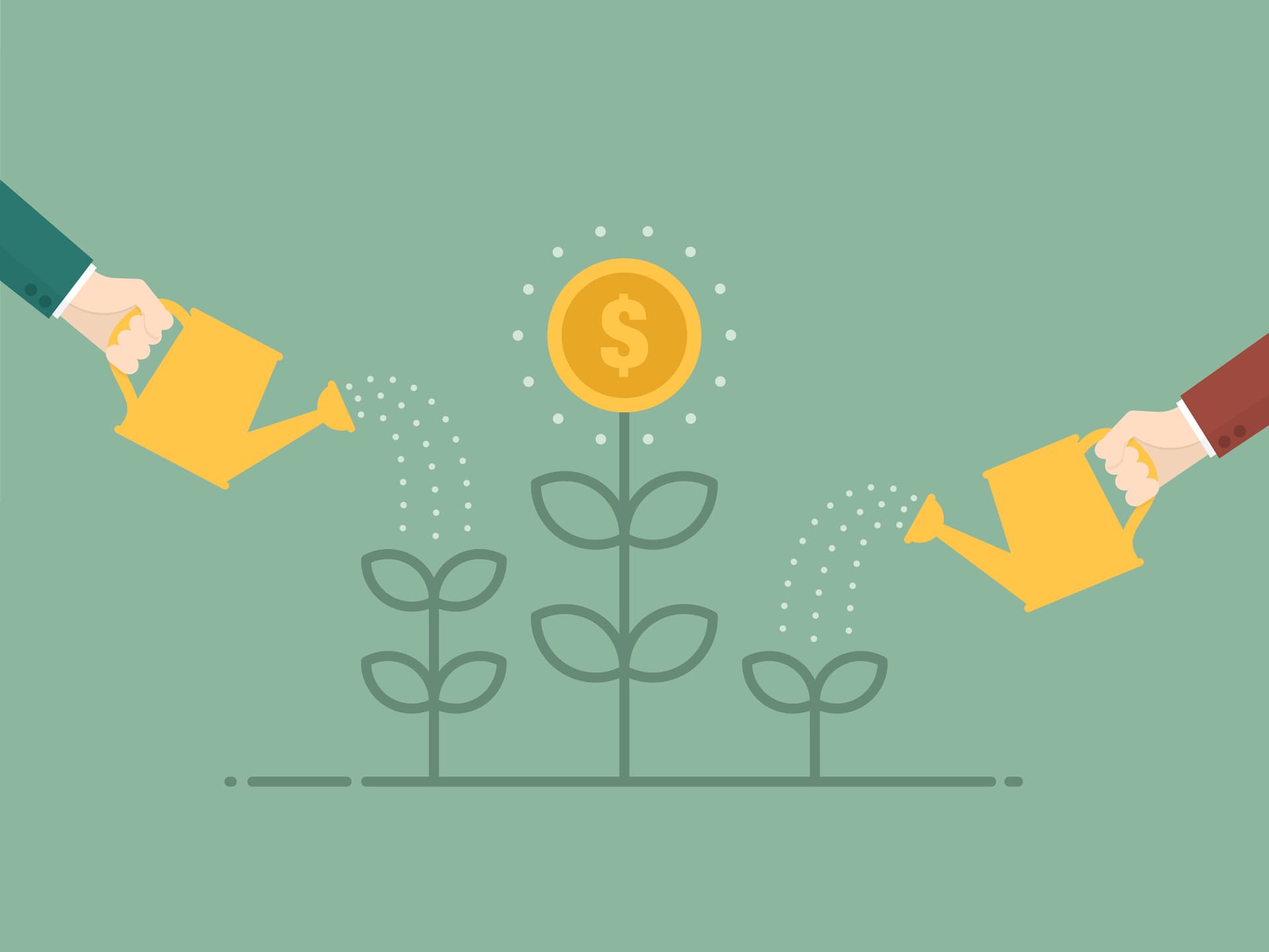 Illustration of plants being watered. The central plant is growing a gold coin