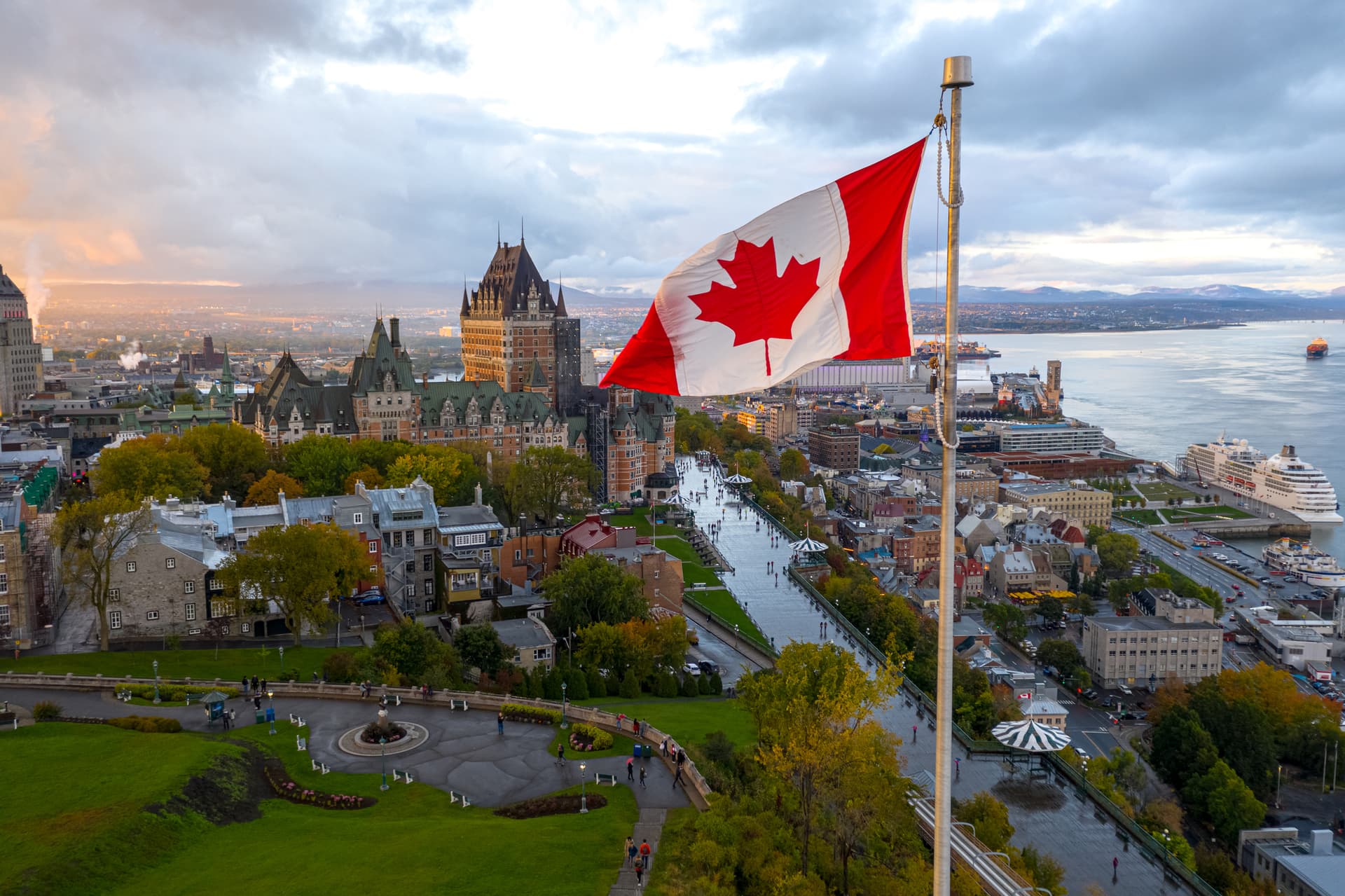 The Canadian flag flying over Old Quebec City