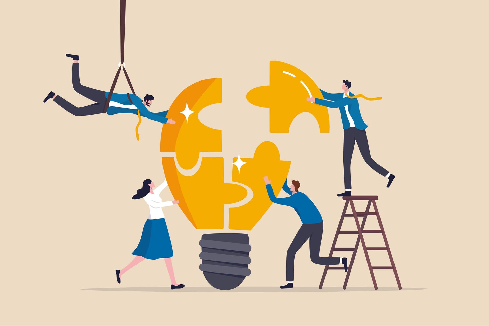 Team building, team collaboration for business idea, teamwork to solve problem, strategy plan to work together for success concept, businessmen and businesswomen team up to solve lightbulb jigsaw.