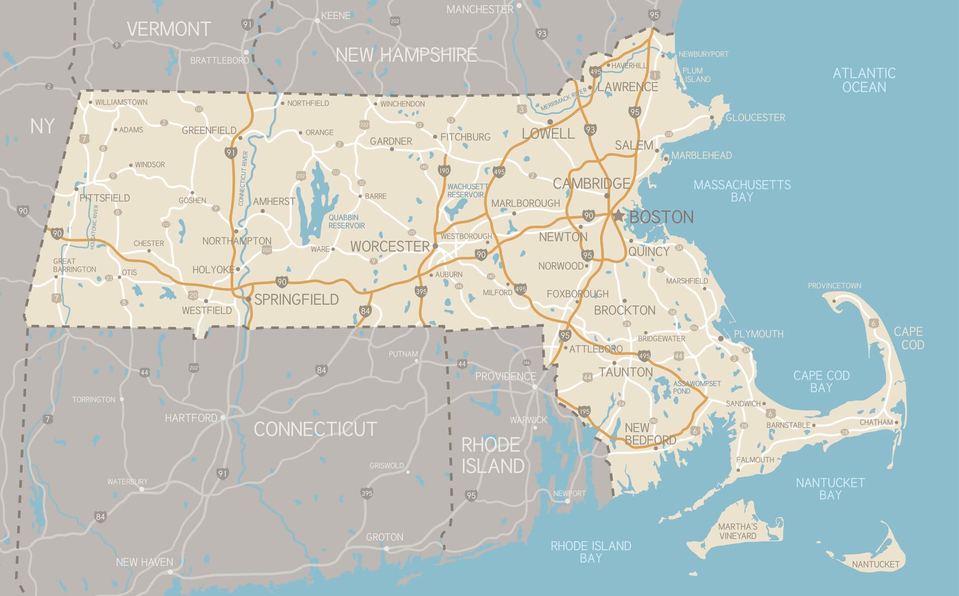 Map of Massachusetts with highways