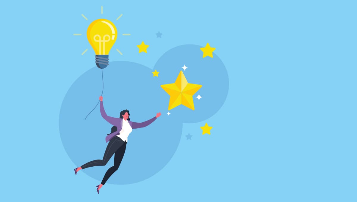 New Faces of Finance image of a businesswoman suspended in the air by a balloon shaped like a lightbulb as she reaches for the stars