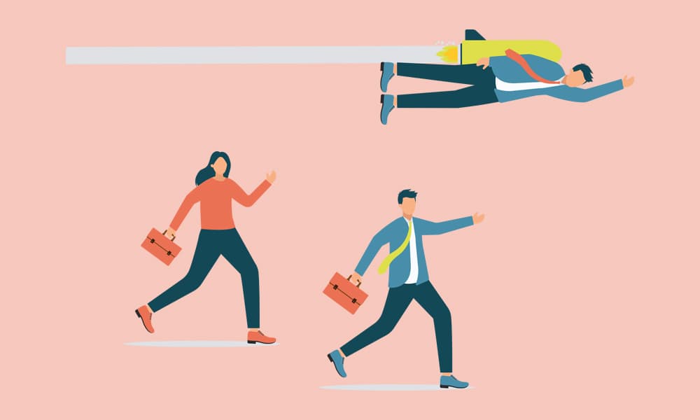 An illustration of a man flying over two people with briefcases .