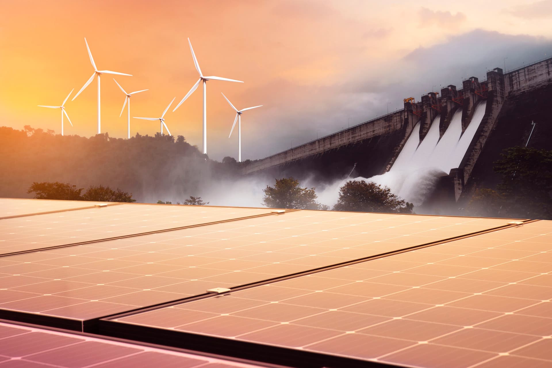 Rendering of wind turbines, solar panels and a dam generating electricity