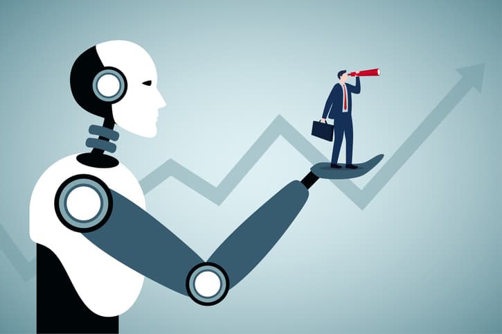 A robot helps a business person see.