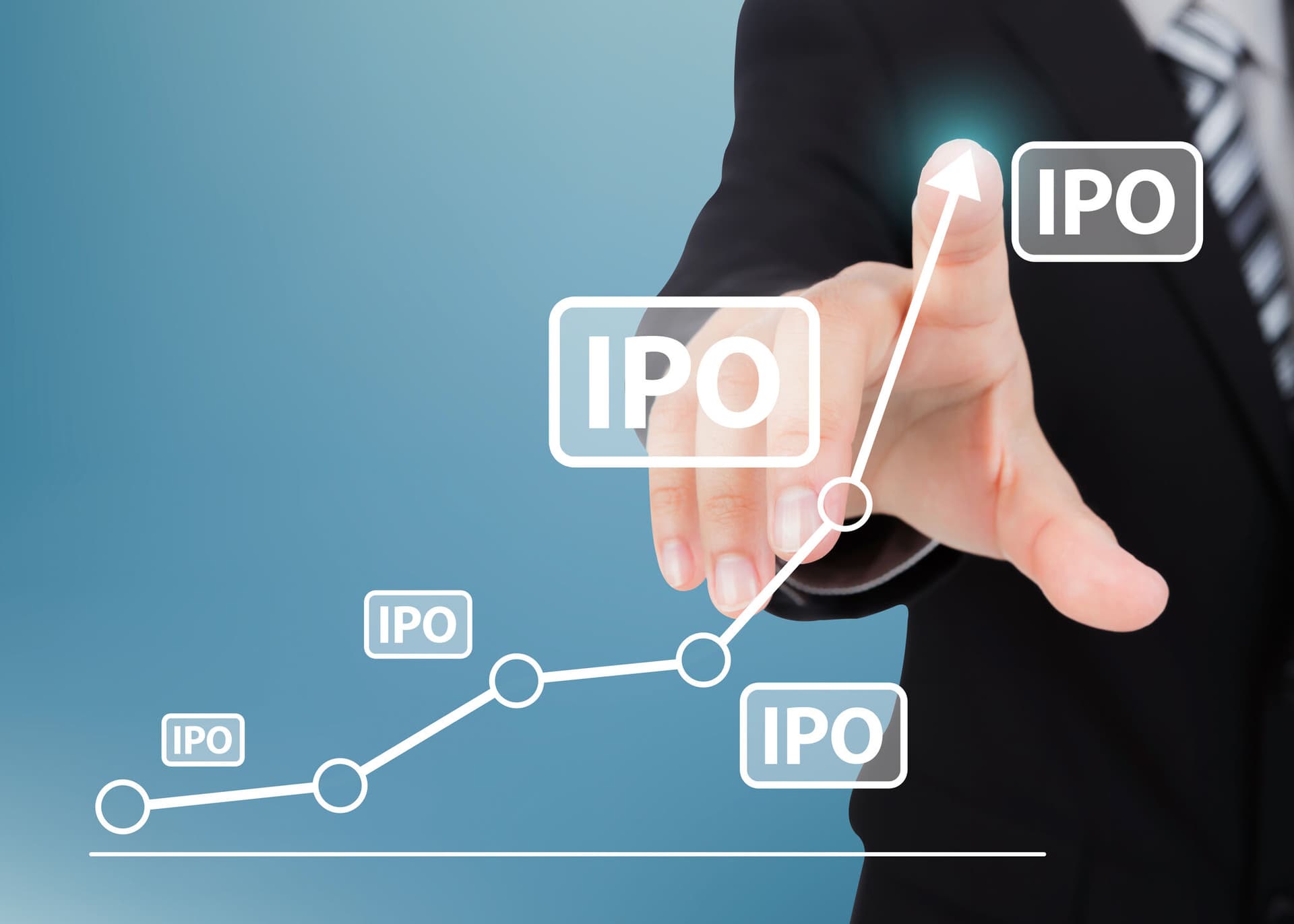 A businessperson pressing buttons that say 'IPO'