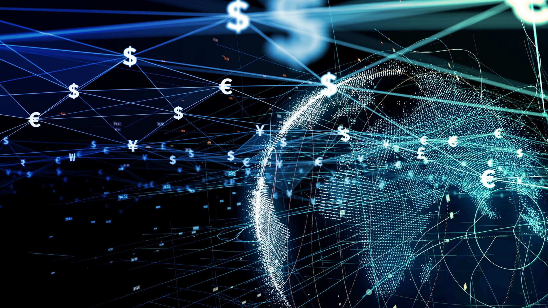 Rendering of a globe with currency symbols projecting from it