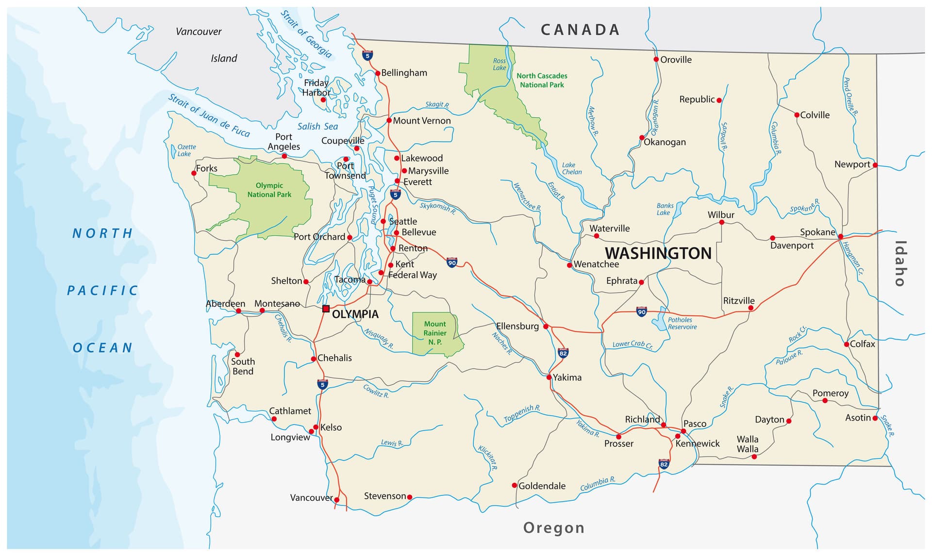 washington state road and national park vector map