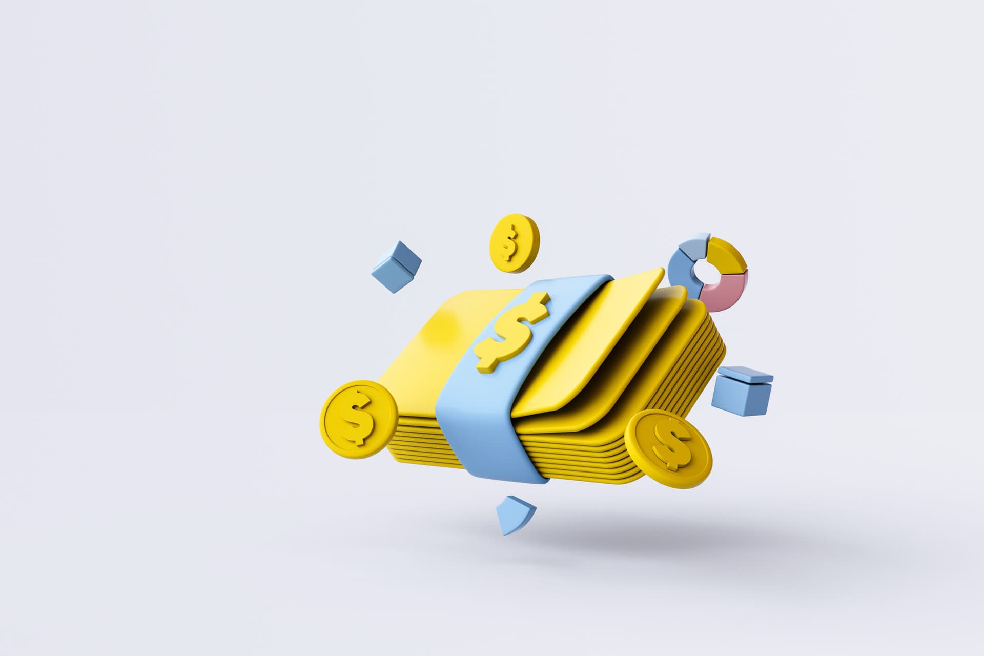 Rendering of a stack of bank notes surrounded by floating coins.