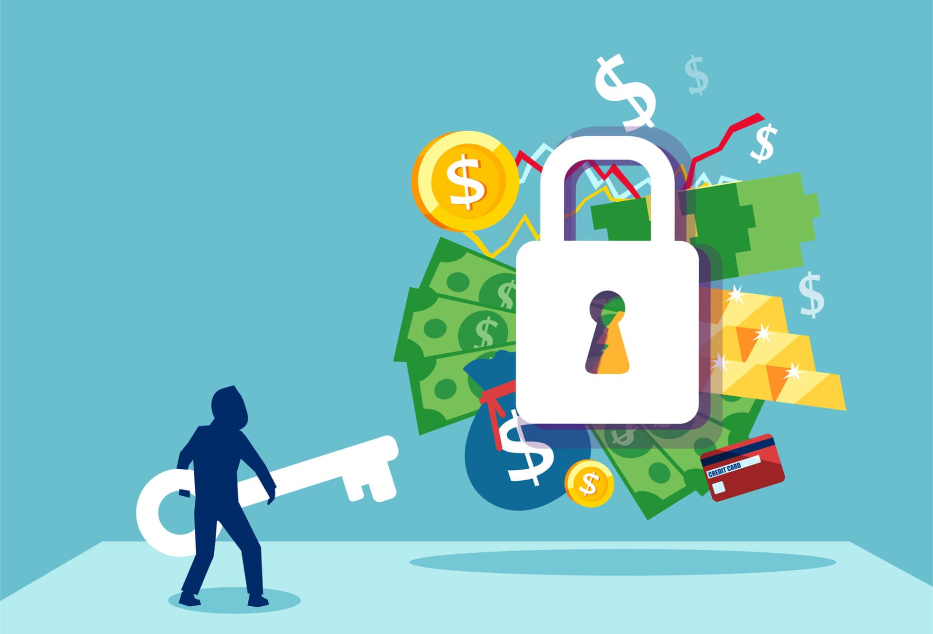 Business security safety protection concept. Vector of a businessman with a key to financial success and employement compensation