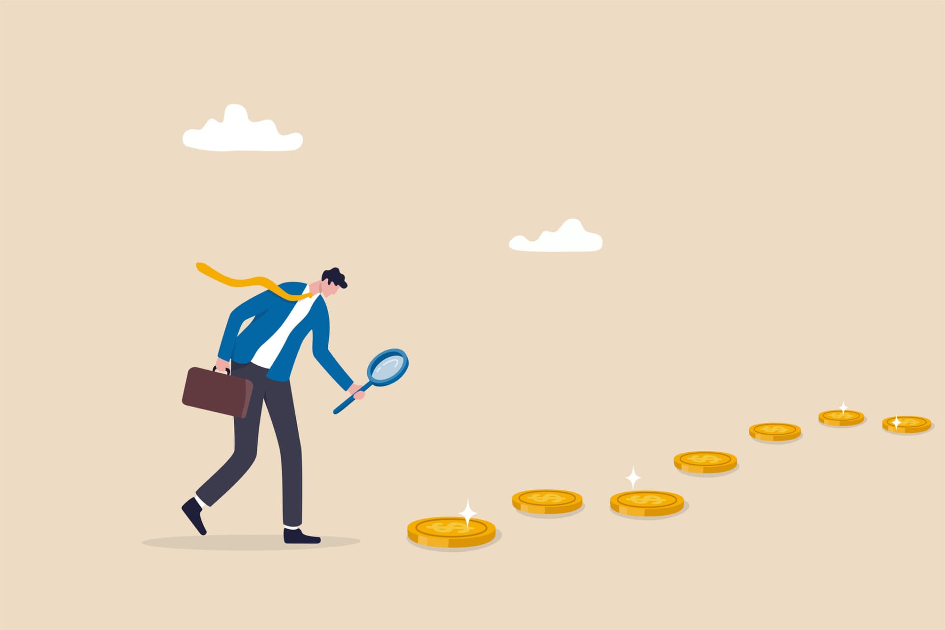 Photo illustration showing businessperson following money. Searching for investment opportunity, financial success or salary raise, inspect way to make profit and earning concept, curios businessman with magnifier inspect money coins trail.