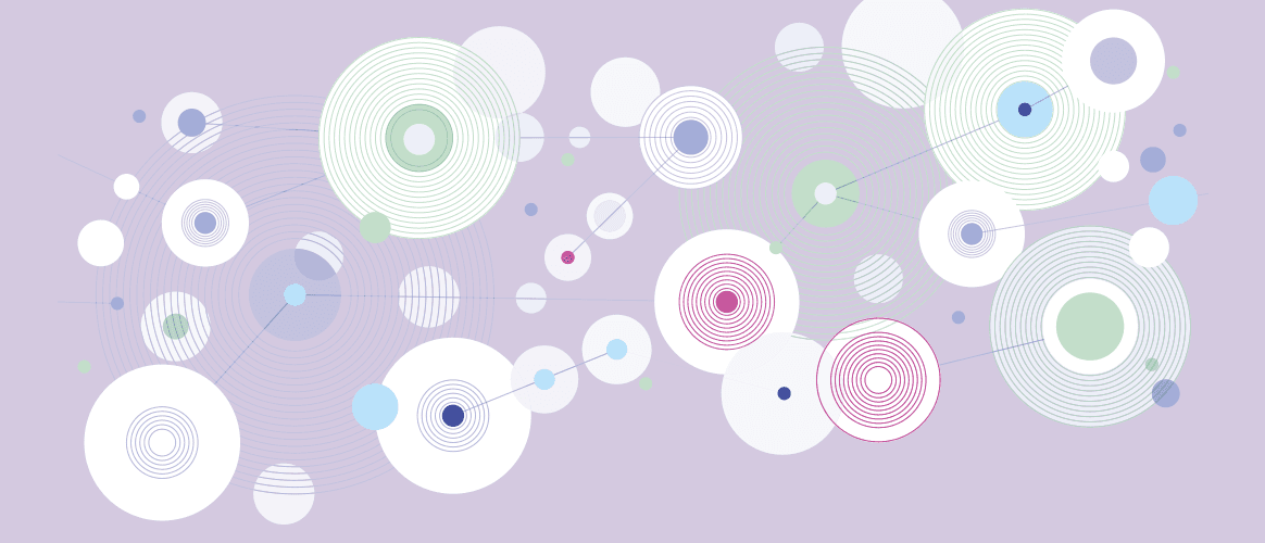 Illustration of white circles against a purple background connected by lines