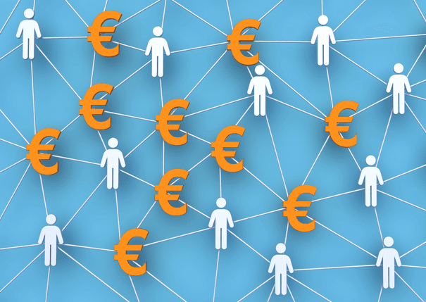 Icons of people connected by white lines and orange euro symbols