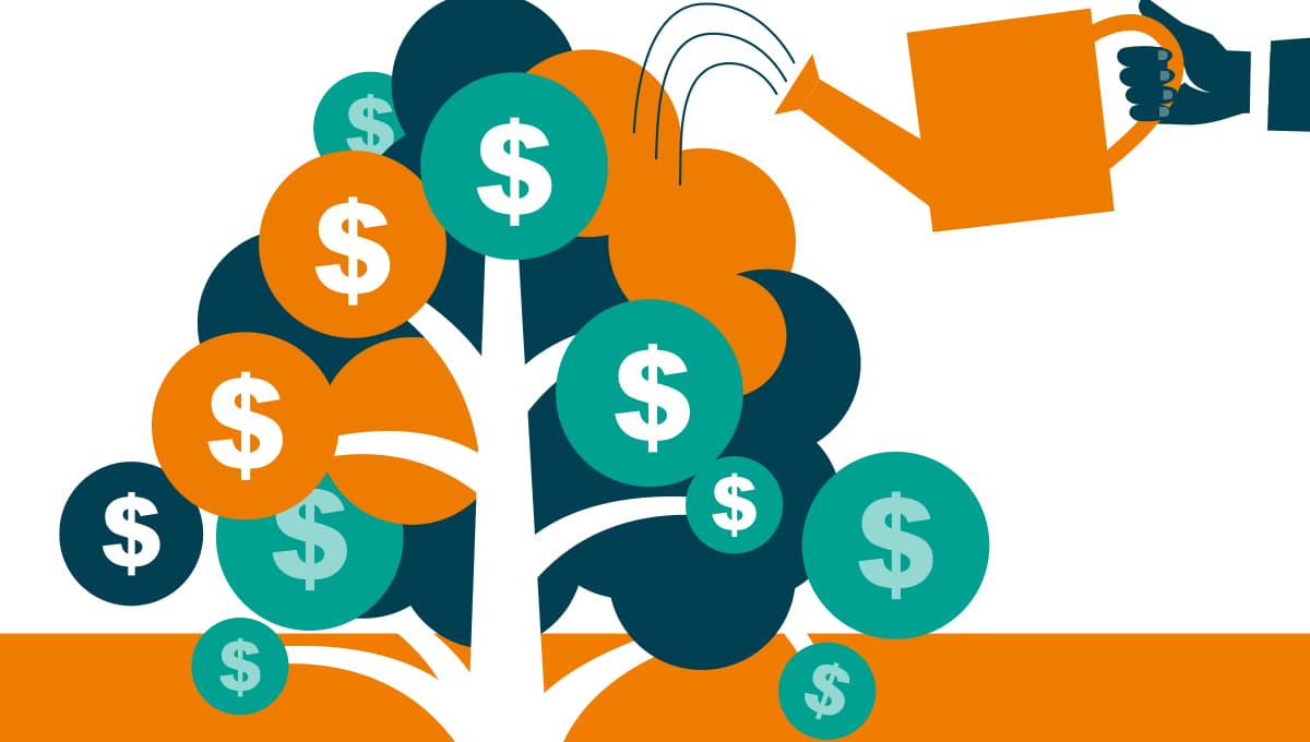 An illustration of a tree made of dollar bills being watered