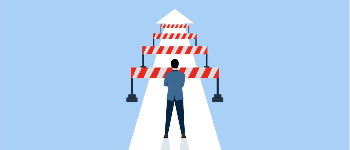 Image of a man standing on an arrow, facing hurdles.