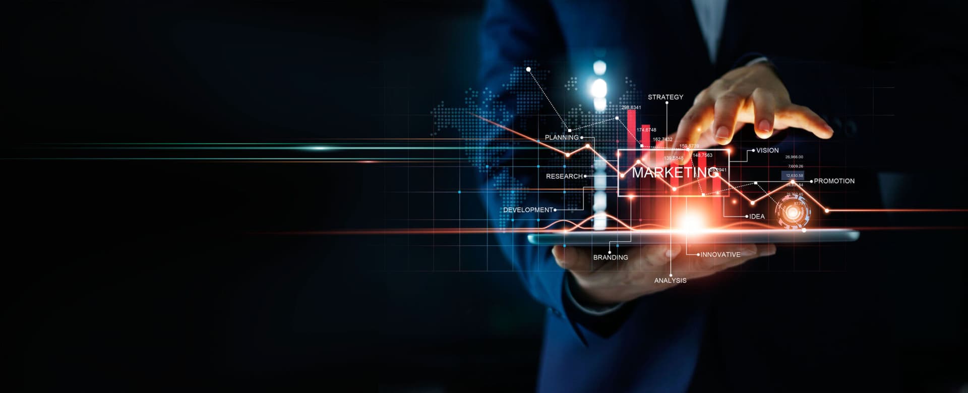 Digital online marketing, Businessman using tablet and analysis sale data graph growth on modern interface icons on strategy, Solution analysis and development contents on global network connection.