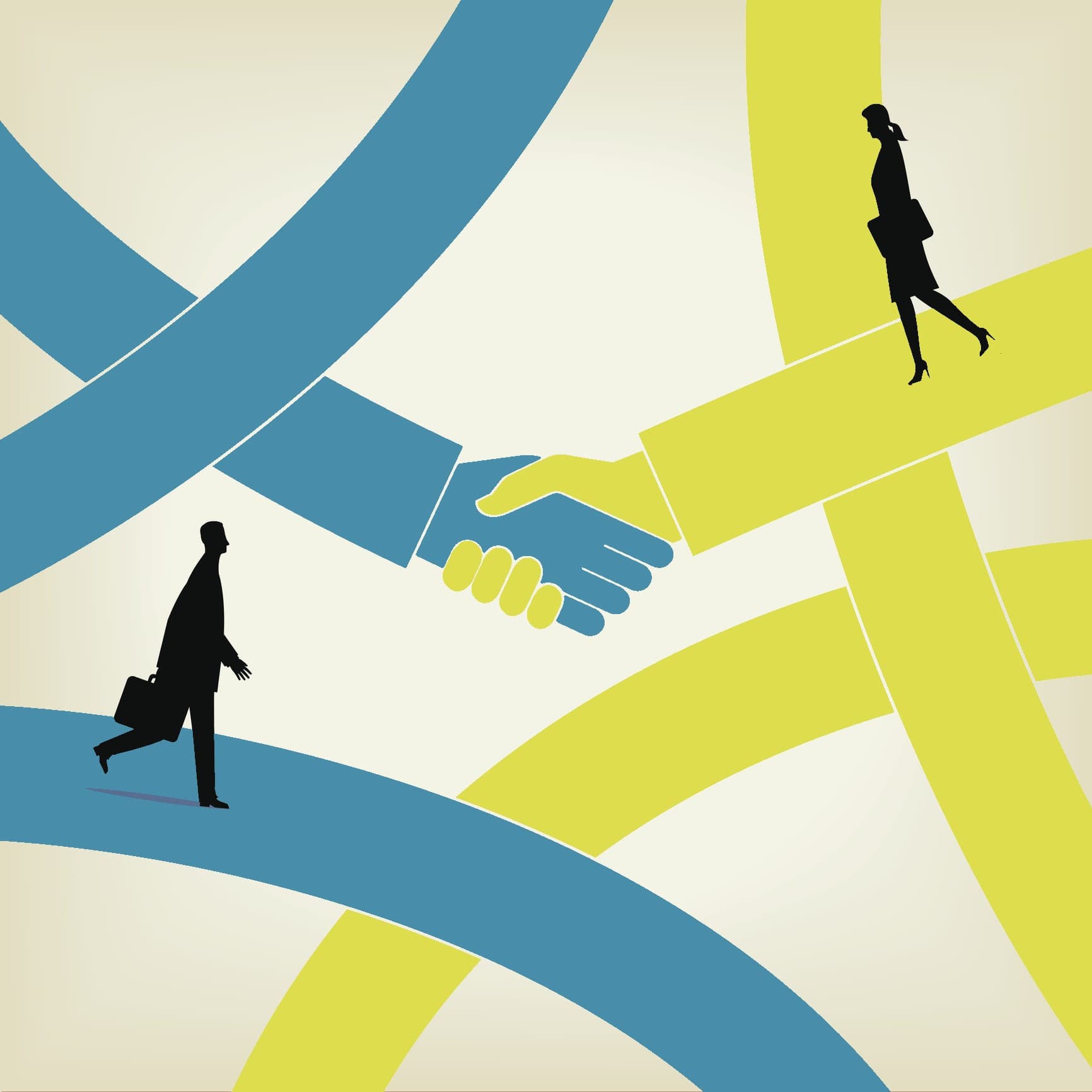 Illustration of two hands shaking with two business people walking by. Source - Getty