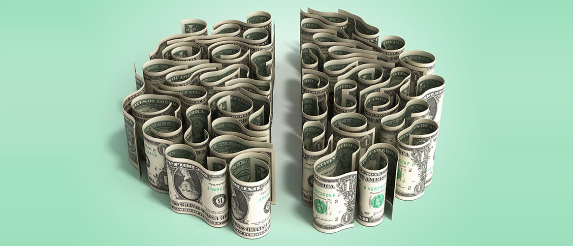 Rolls of dollar bills making up the shape of a brain