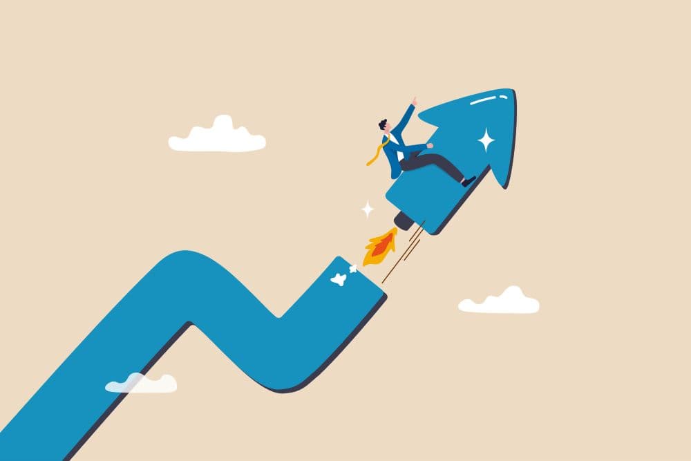 Photo illustrating businessperson riding a rocket.