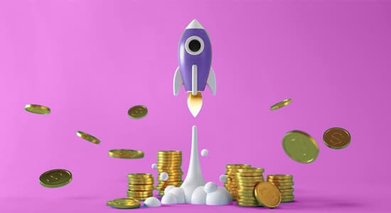 A purple rocket launches with stacks of gold coins around it.