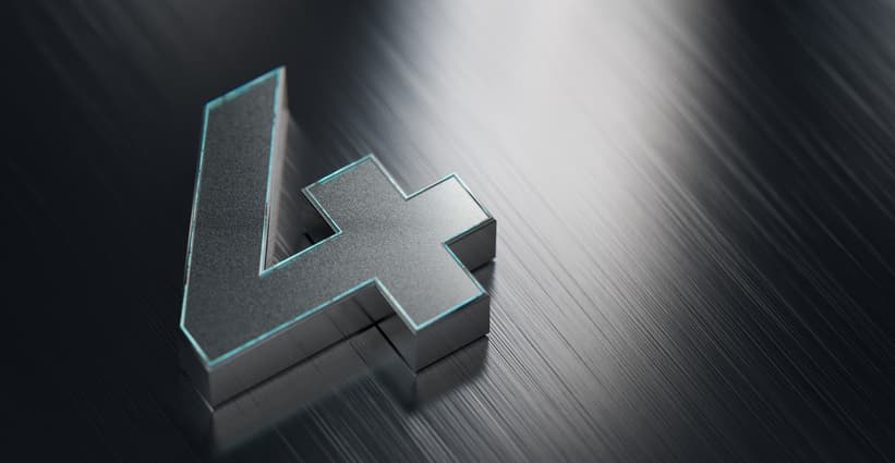 Metallic number four on reflective stainless steel background