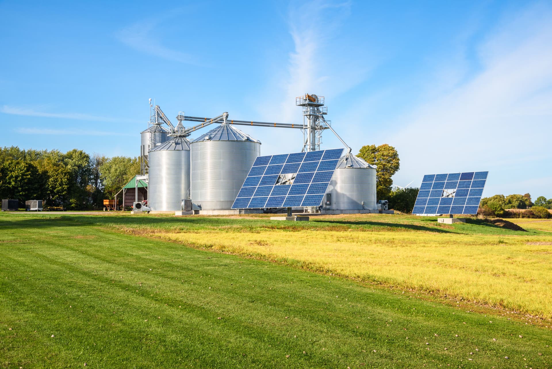 Farmland, solar panels and grain silos