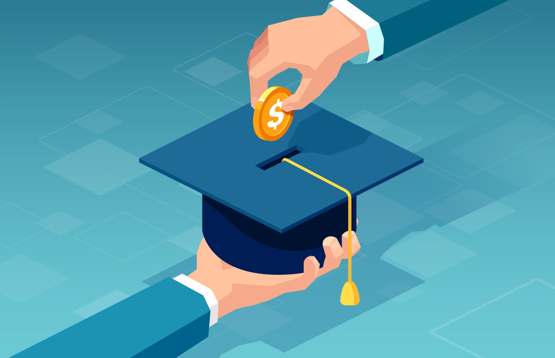 An illustration of a coin being inserted into a college graduation cap