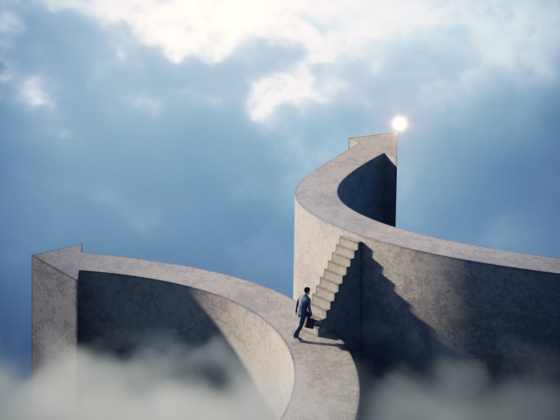 Business man going on arrow shaped bridge to the top light. (3d render).