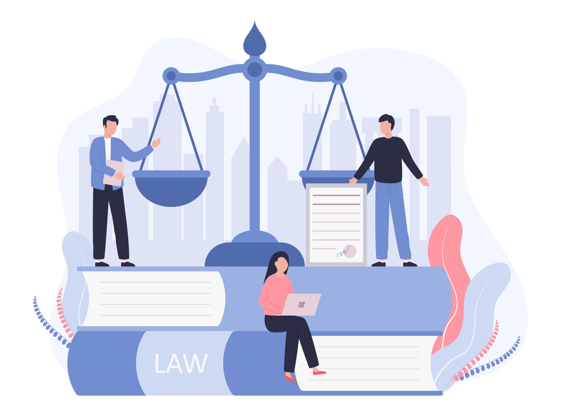 Concept Law, Justice. Legal service, services of a lawyer, notary. Men against the backdrop of the city discuss legal issues, a woman works on a laptop. Vector flat illustration on a white background. scales
