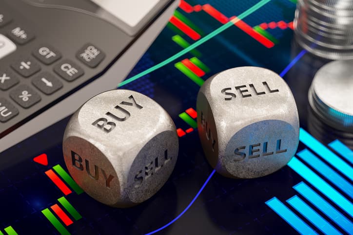 A pair of dice, one says buy and the other sell.