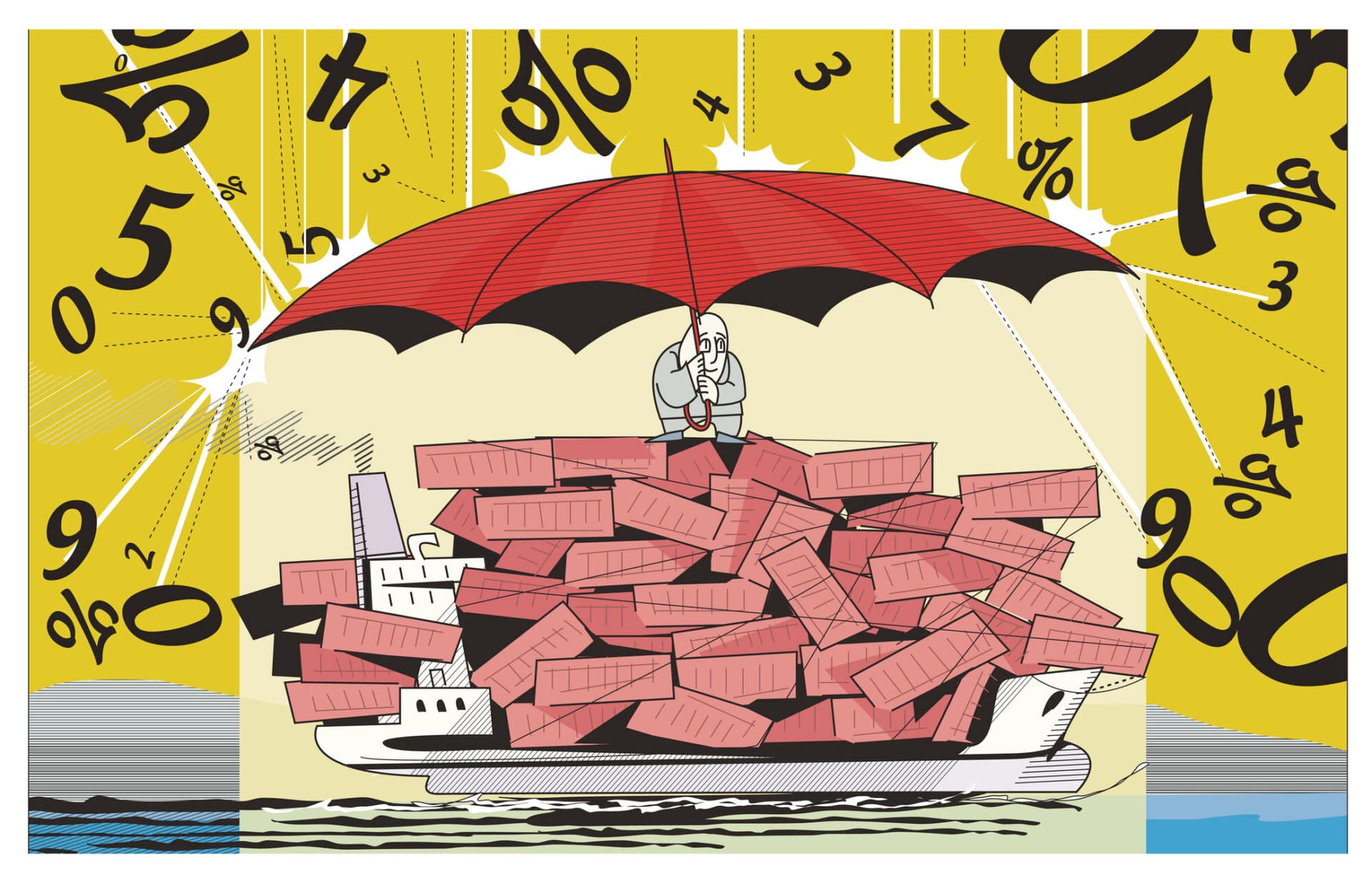 Vector The insurer opens a giant umbrella over the container ship, protecting it from the numbers