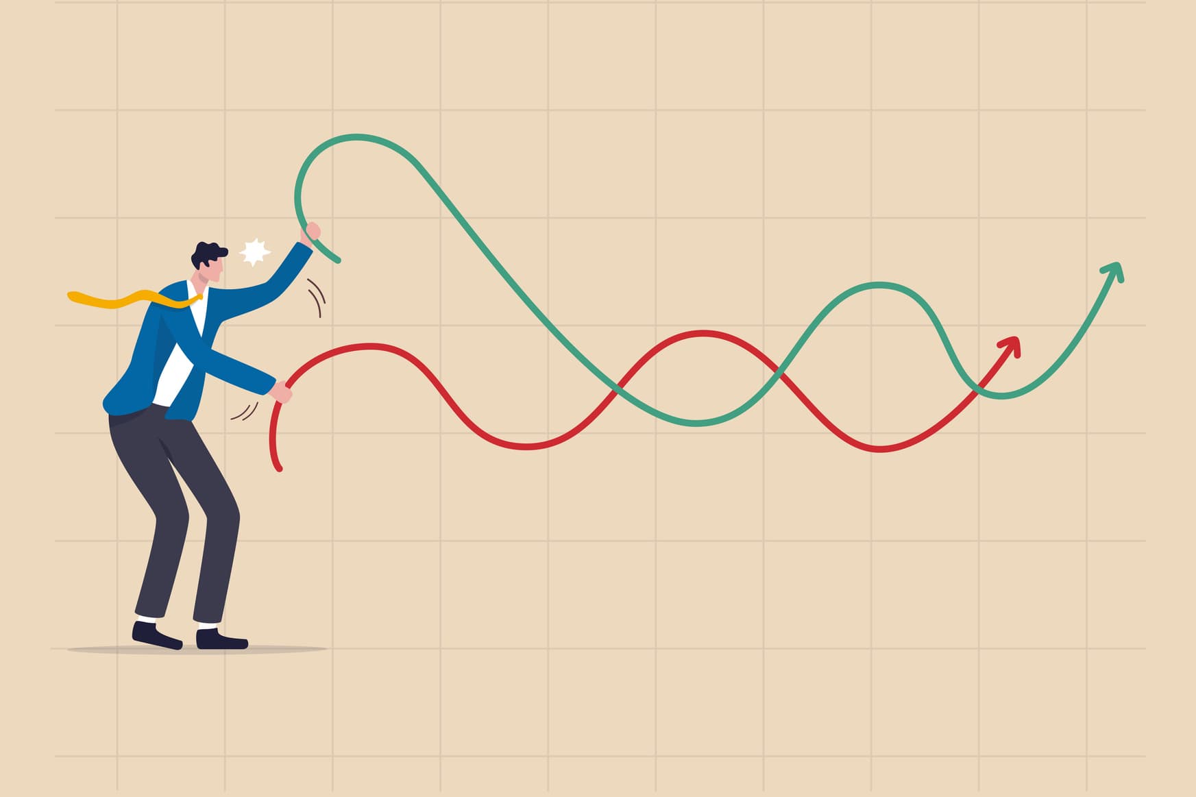 Businessman plays battle rope to control market graph