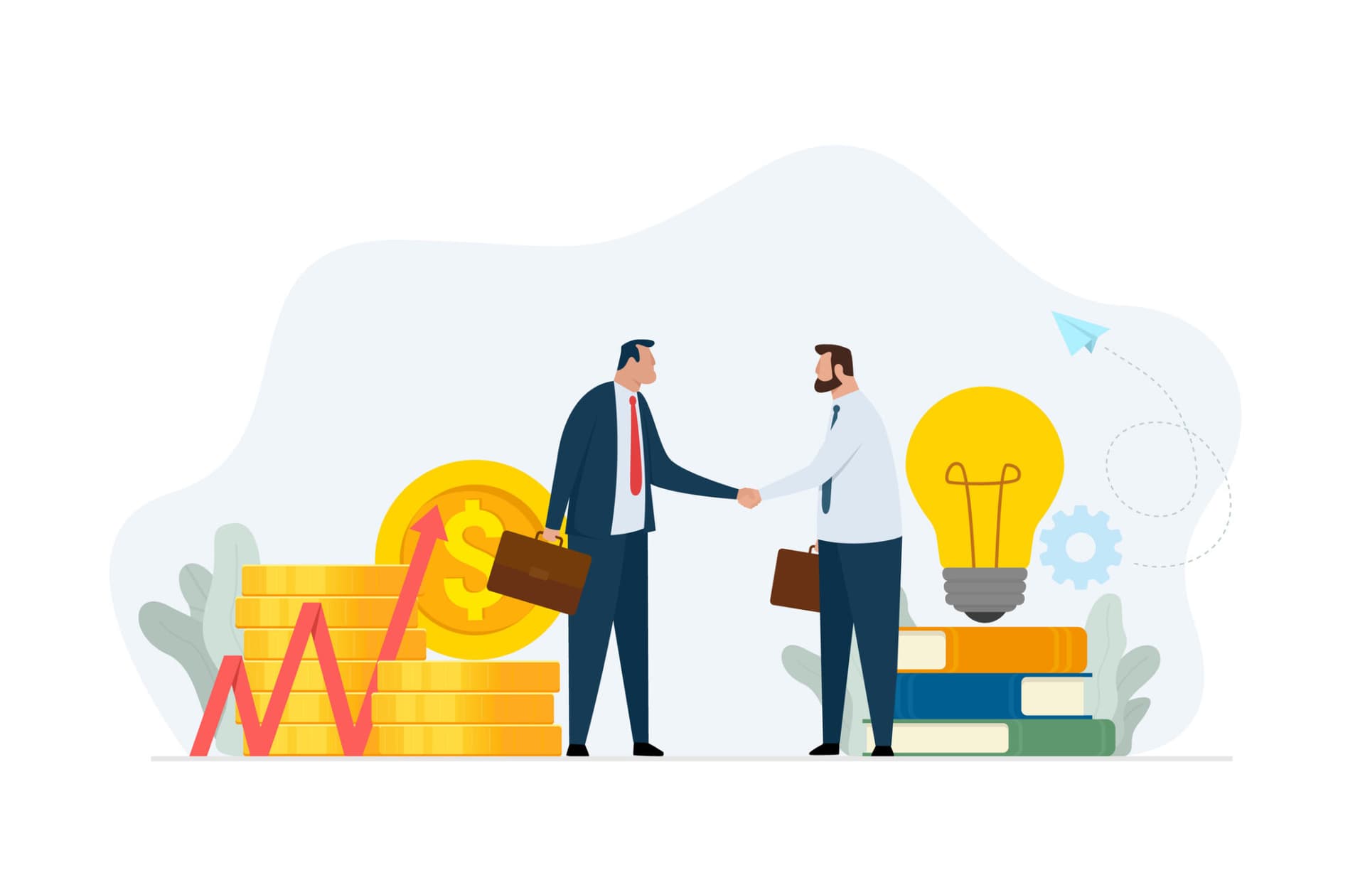 Concept financial Investments in creative projects and into innovation. Handshake of two businessman. Vector business illustration isolated on white background.
