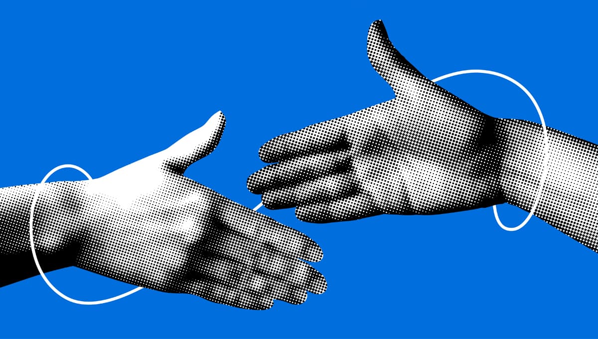 Hands in pointalist comic style, about to shake, on a blue background